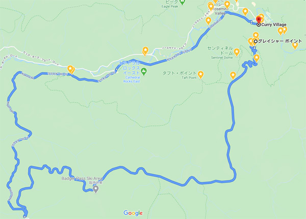 ヨセミテ国立公園滞在2日目:後編の移動ルート【車(レンタカー)】